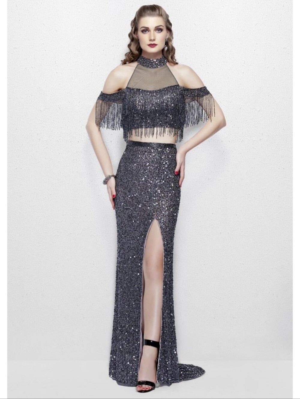 Size 6 charcoal grey/gunmetal 2 piece fully beaded fringe Primavera Couture NWT